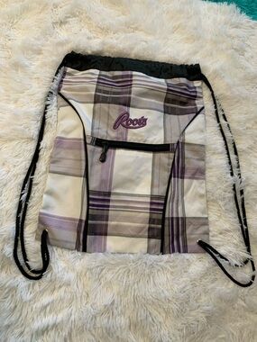 Roots Plaid Drawstring Backpack in Purple and White